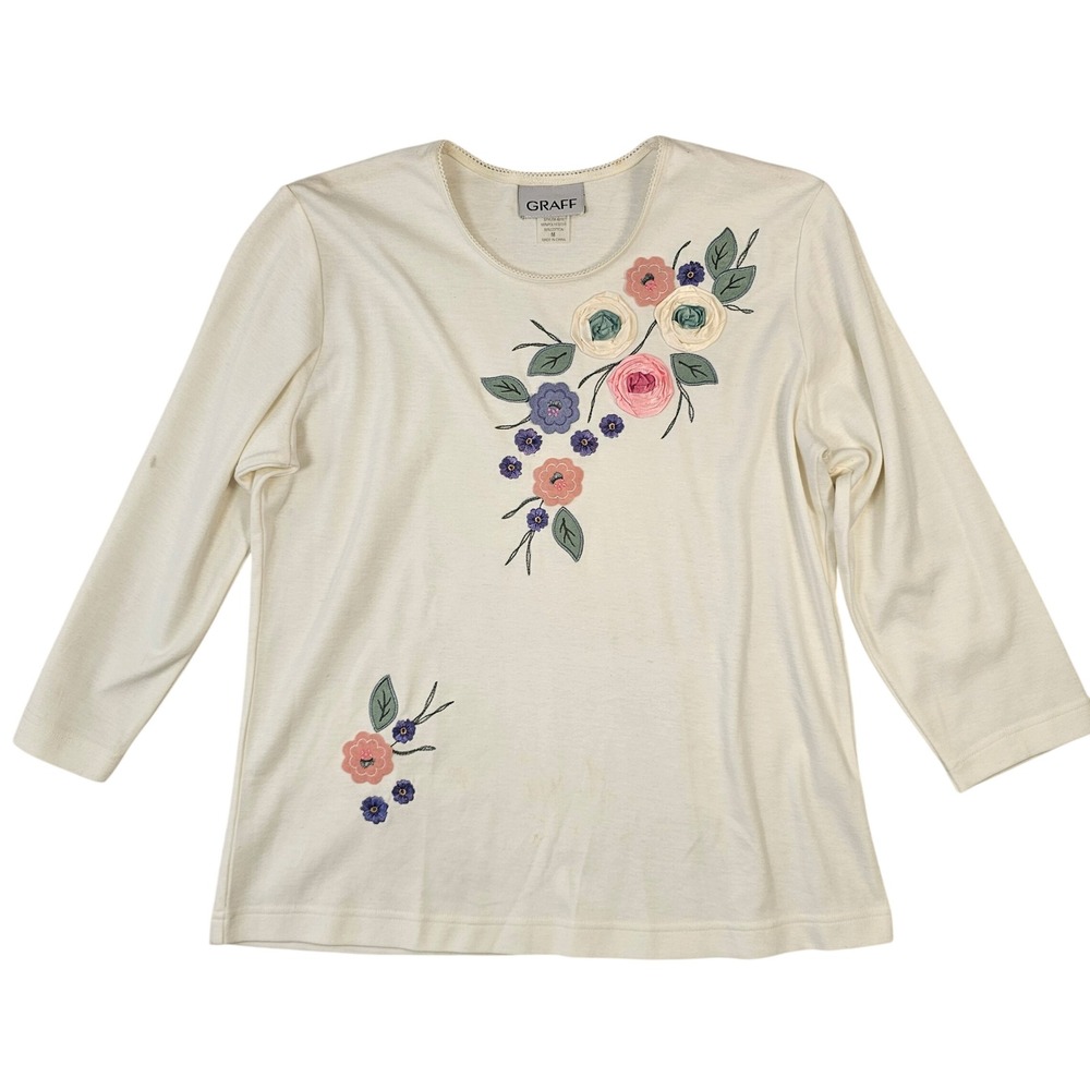 Graff Womens Cream Floral Embroidered Ribbon Rose Long Sleeve Top Size M A915